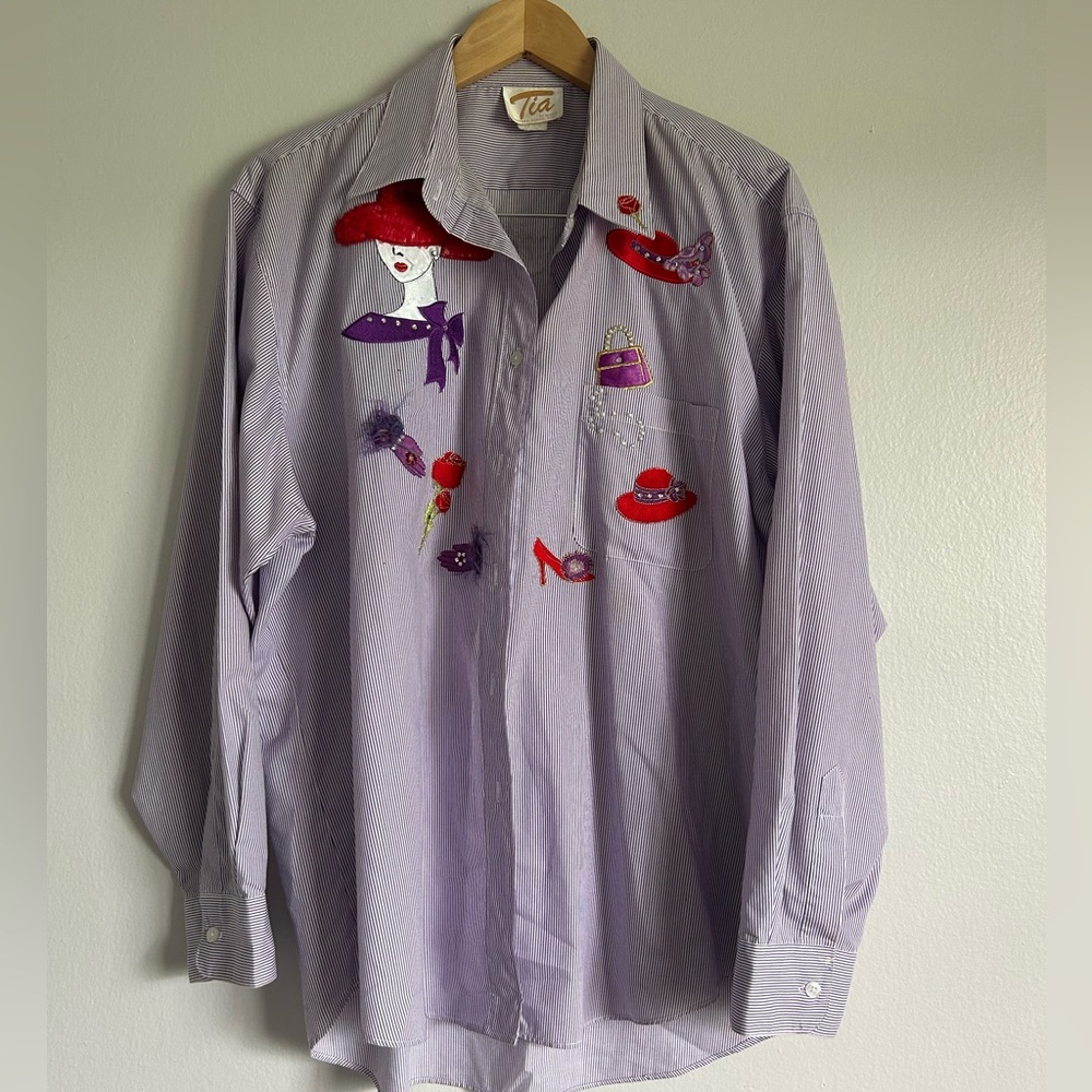 VTG Tia Striped Shirt with Red and Purple Embroidery